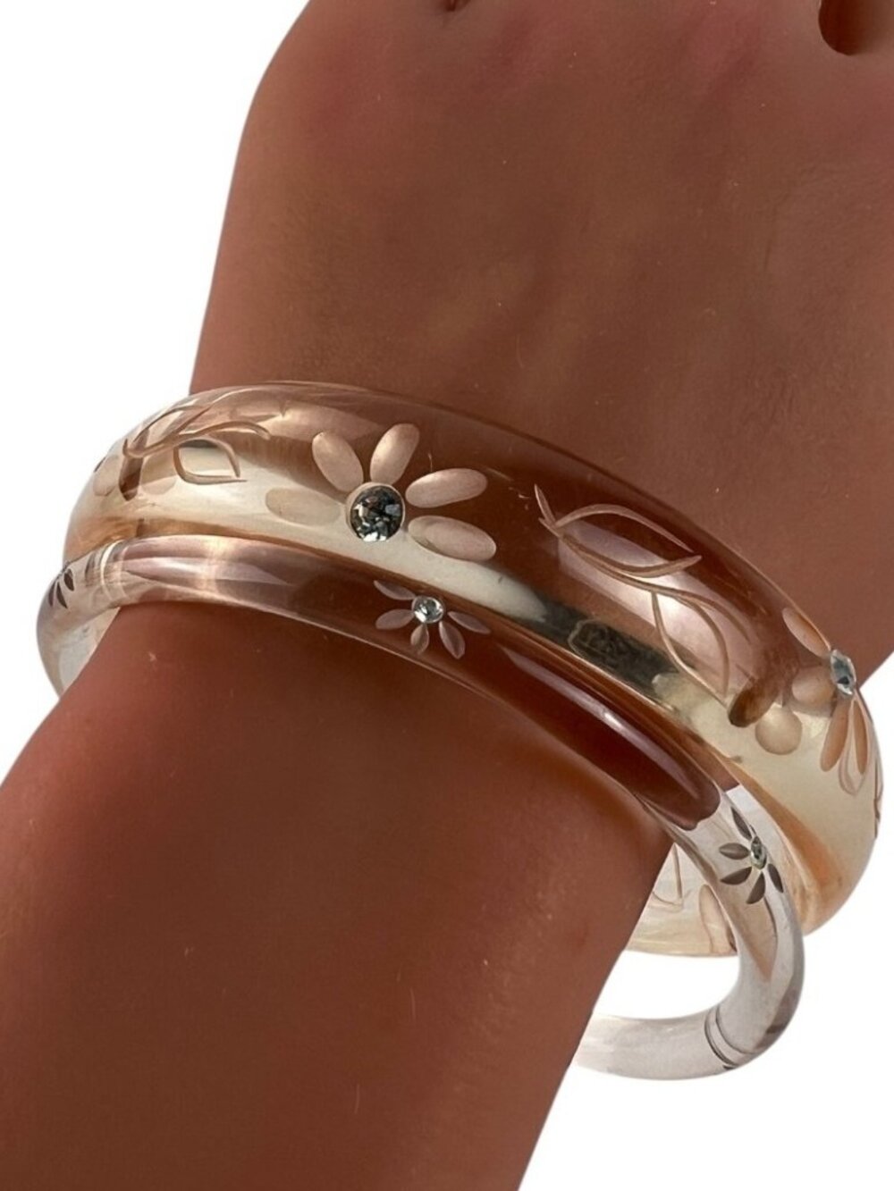 Vintage Lucite Bangle Set Carved Daisy Rhinestone Bracelets Pinkish Clear Retro